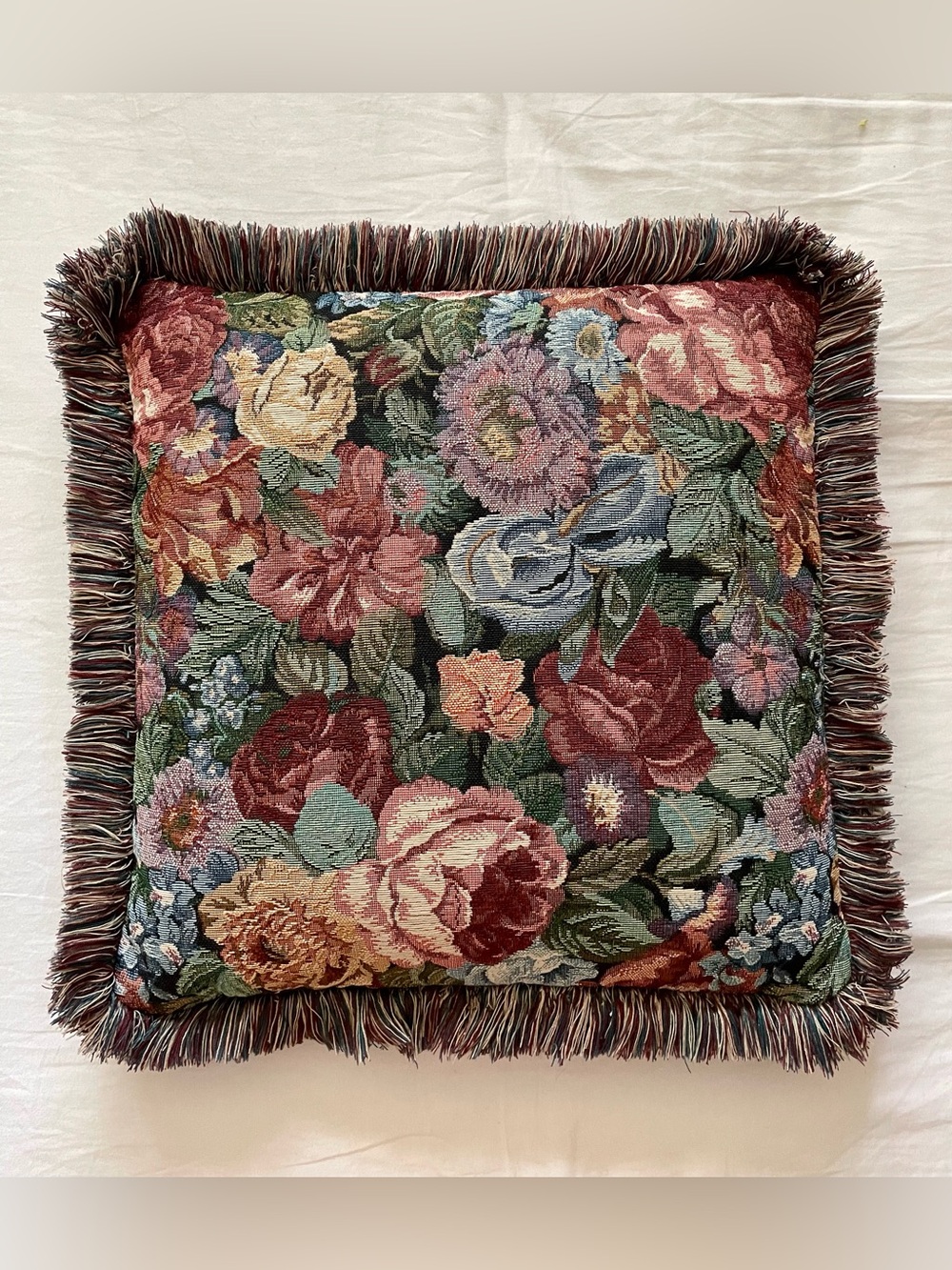 Floral Tapestry Fringe Throw Pillow Case - Multicolor. Size 16 x 16 inches